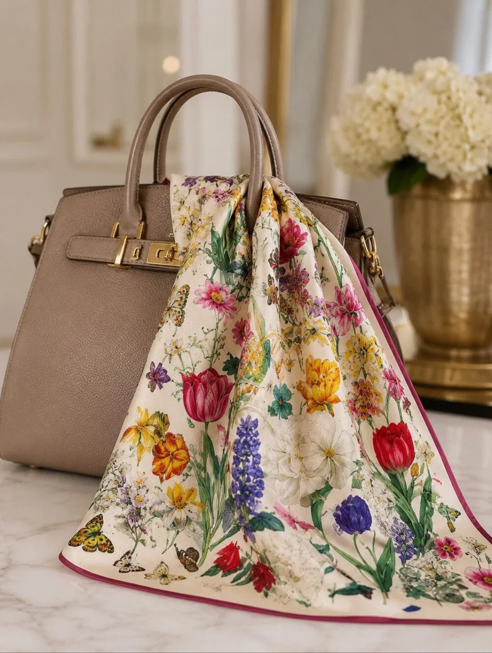 Floral Silk-Feel Scarf Headscarf – Purse Accessory Cream Floral Pattern